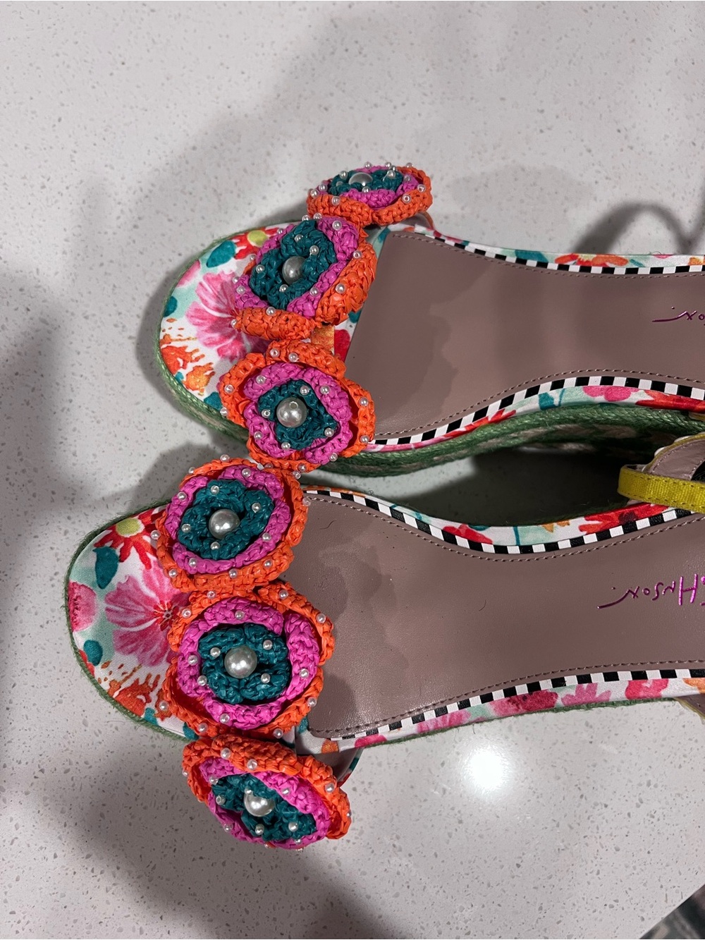 Betsey Johnson Multicolor Crochet Floral Green Espadrille Wedges new - Picture 2 of 5
